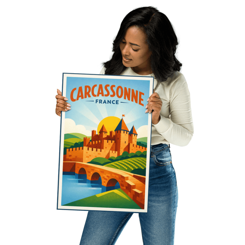 Affiche vintage Carcassonne – Poster de voyage rétro, Cité Médiévale, Vignobles, Occitanie, France