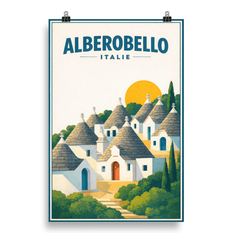 Affiche vintage Alberobello – Poster de voyage rétro, Les Pouilles, Italie