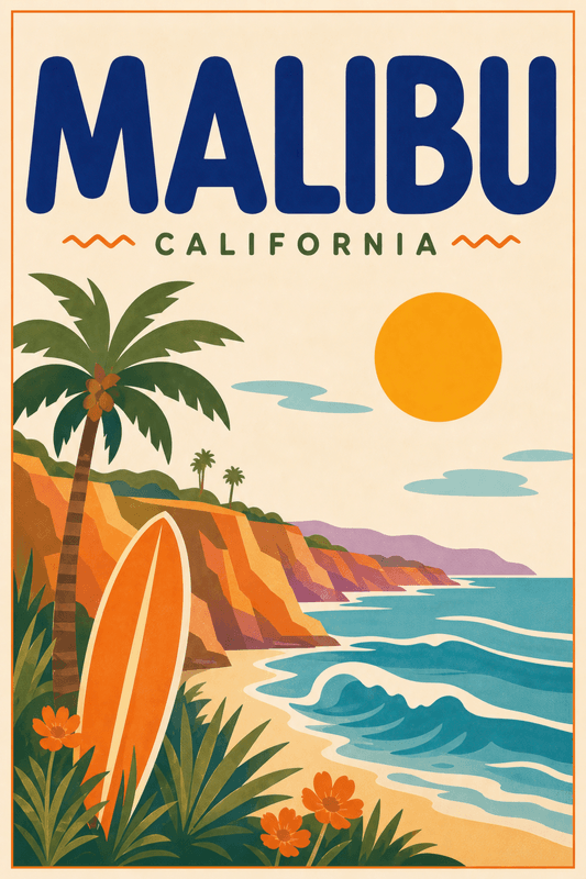 Affiche vintage Malibu – Poster de voyage rétro, Malibu, États-Unis, AMÉRIQUE DU NORD