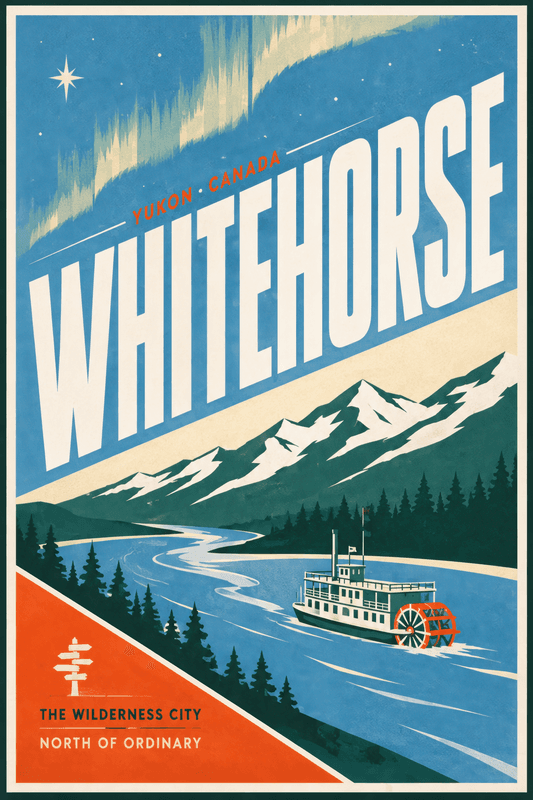 Affiche vintage Whitehorse – Poster de voyage rétro, Whitehorse, Canada, AMÉRIQUE DU NORD