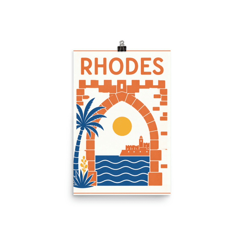 Affiche vintage Rhodes – Poster de voyage retro, Arche Palmier Chateau Medieval Mer, GRECE