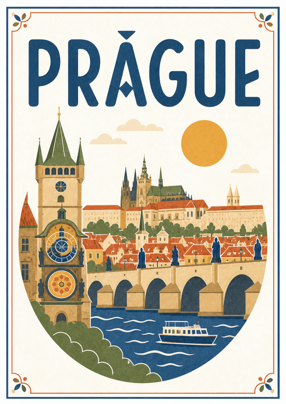 Affiche vintage Prague – Poster de voyage rétro, Prague, Tchéquie, EUROPE