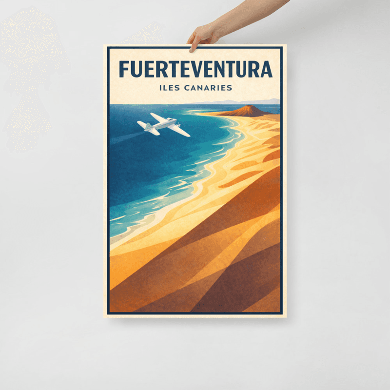 Affiche vintage Fuerteventura – Poster de voyage rétro, Dunes de Corralejo, Côte Atlantique, Îles Canaries, Espagne