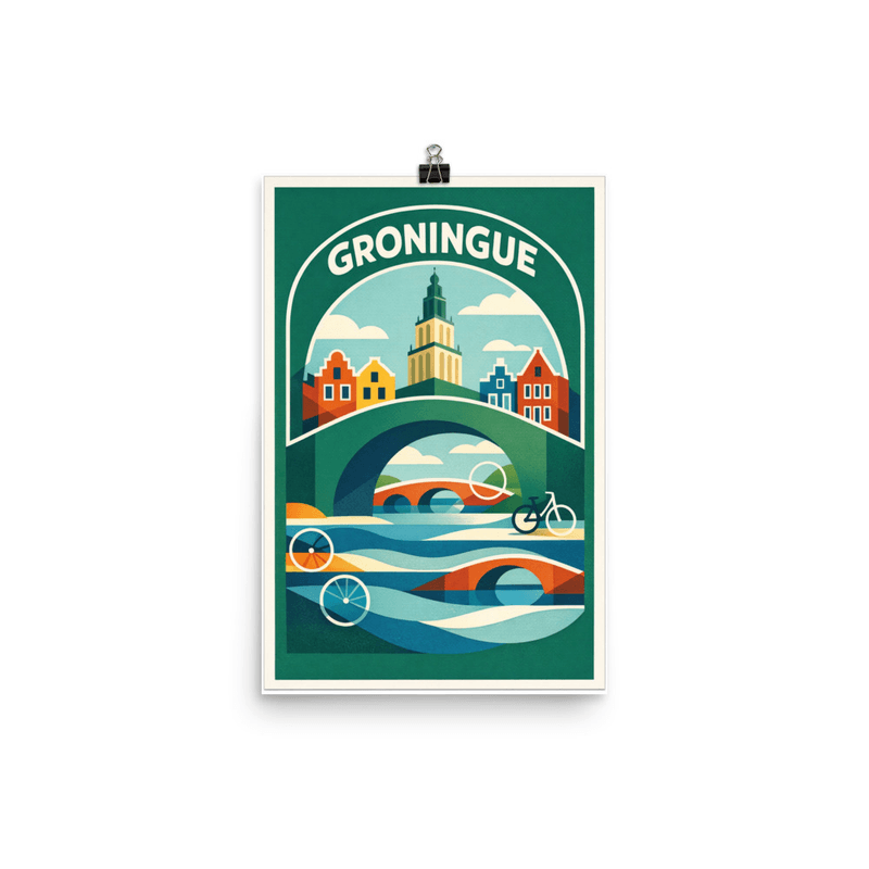 Affiche vintage Groningue – Poster de voyage rétro, canaux, ponts, vélos, PAYS-BAS