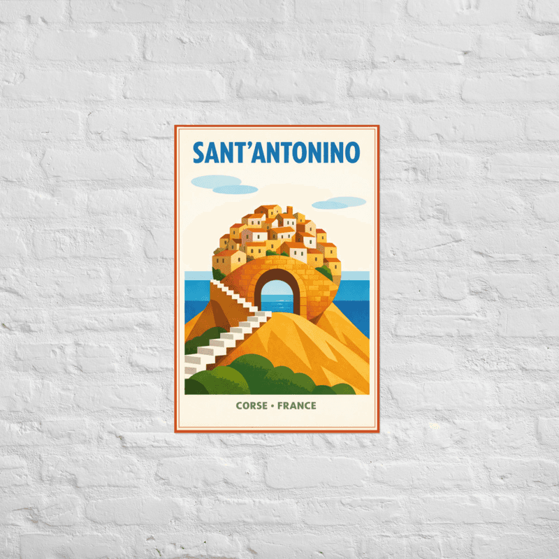 Affiche vintage Sant'Antonino – Poster de voyage rétro, Village de Balagne, Corse, France