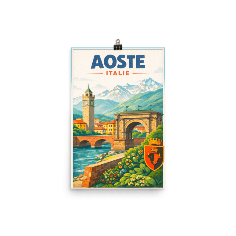 Affiche vintage Aoste – Poster de voyage rétro, Arco di Augusto, Mont Blanc, Vallée d'Aoste, Italie