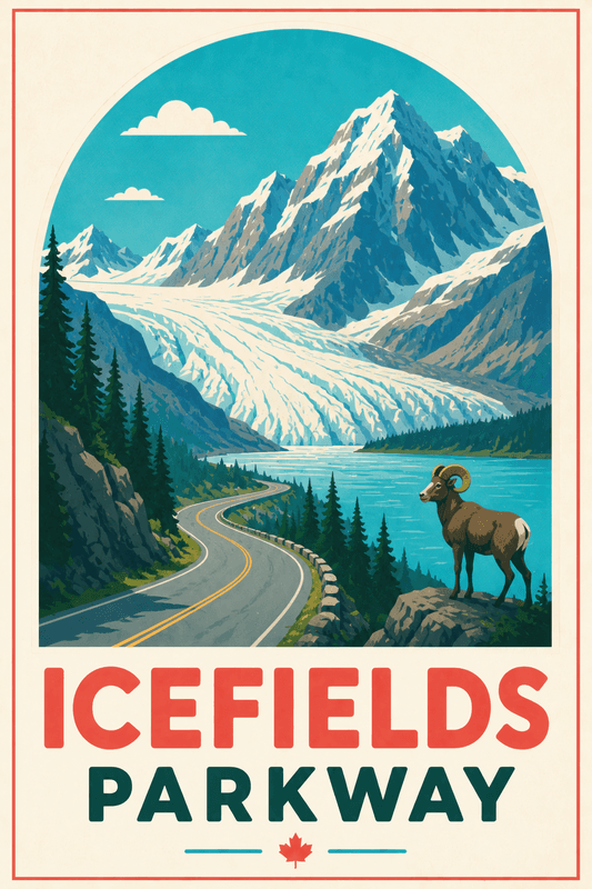 Affiche vintage Icefields Parkway – Poster de voyage rétro, Icefields Parkway, Canada, AMÉRIQUE DU NORD
