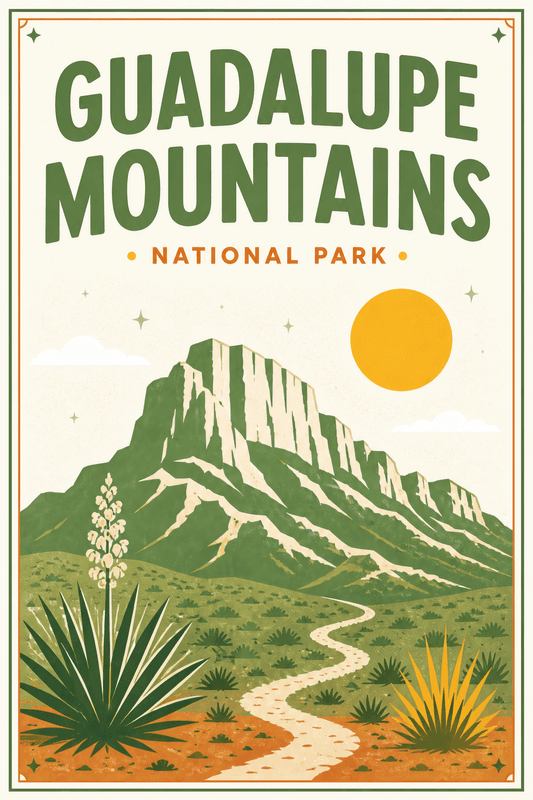 Affiche vintage Guadalupe Mountains National Park – Poster de voyage rétro, Guadalupe Mountains National Park, États-Unis, AMÉRIQUE DU NORD