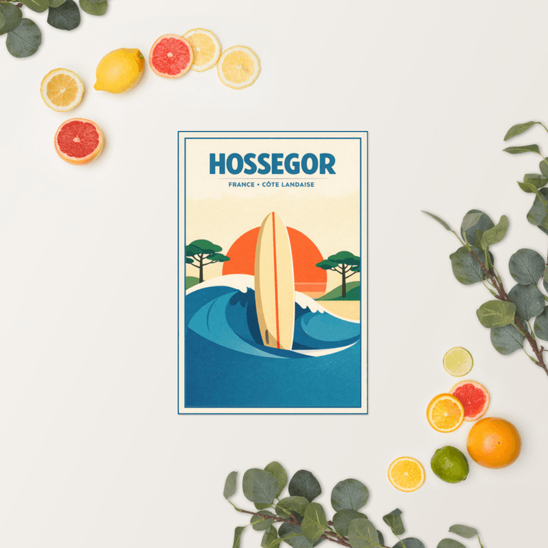 Affiche vintage Hossegor – Poster de voyage rétro, surf, vague, côte landaise, Nouvelle-Aquitaine, France