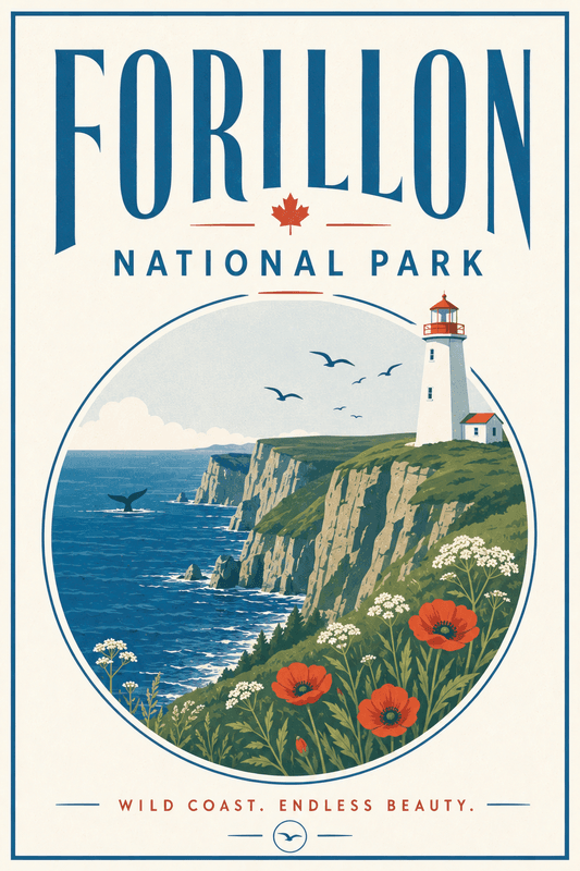 Affiche vintage Forillon National Park – Poster de voyage rétro, Forillon National Park, Canada, AMÉRIQUE DU NORD