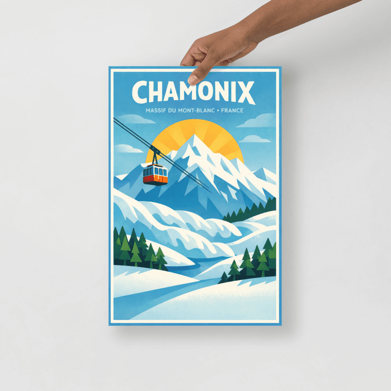 Affiche vintage Chamonix – Poster de voyage rétro, Mont-Blanc, Téléphérique, Alpes, France