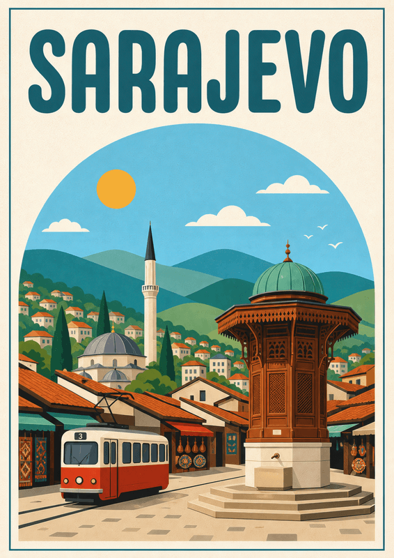 Affiche vintage Sarajevo – Poster de voyage rétro, Sarajevo, Bosnie-Herzégovine, EUROPE