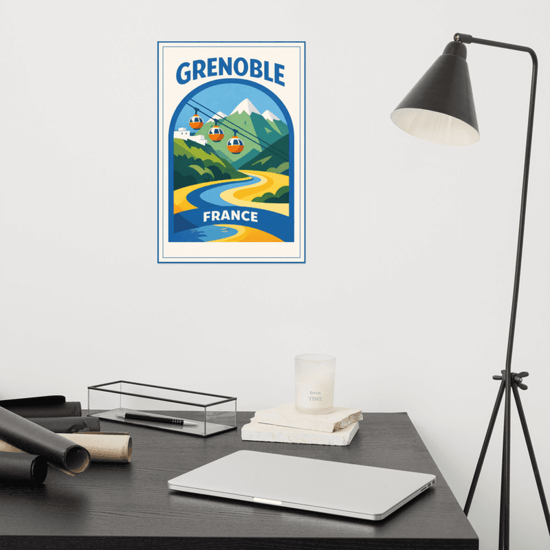 Affiche vintage Grenoble – Poster de voyage rétro, téléphérique, Alpes, montagne, Auvergne-Rhône-Alpes, France