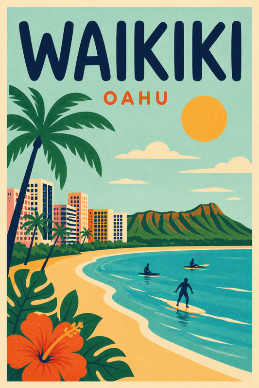 Affiche vintage Waikiki – Poster de voyage rétro, Waikiki, États-Unis, AMÉRIQUE DU NORD