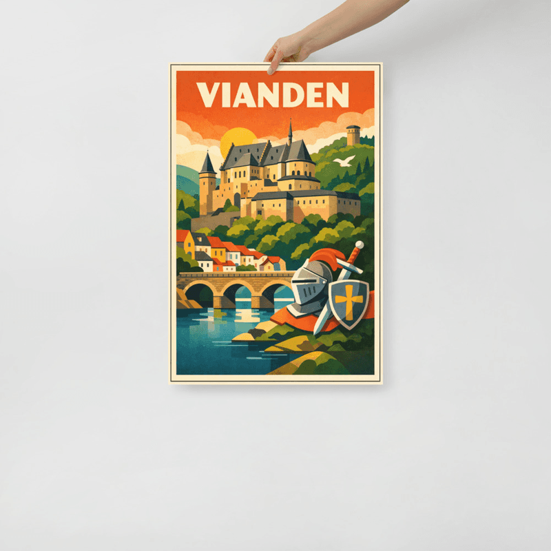 Affiche vintage Vianden – Poster de voyage rétro, château médiéval et Ardennes, Luxembourg