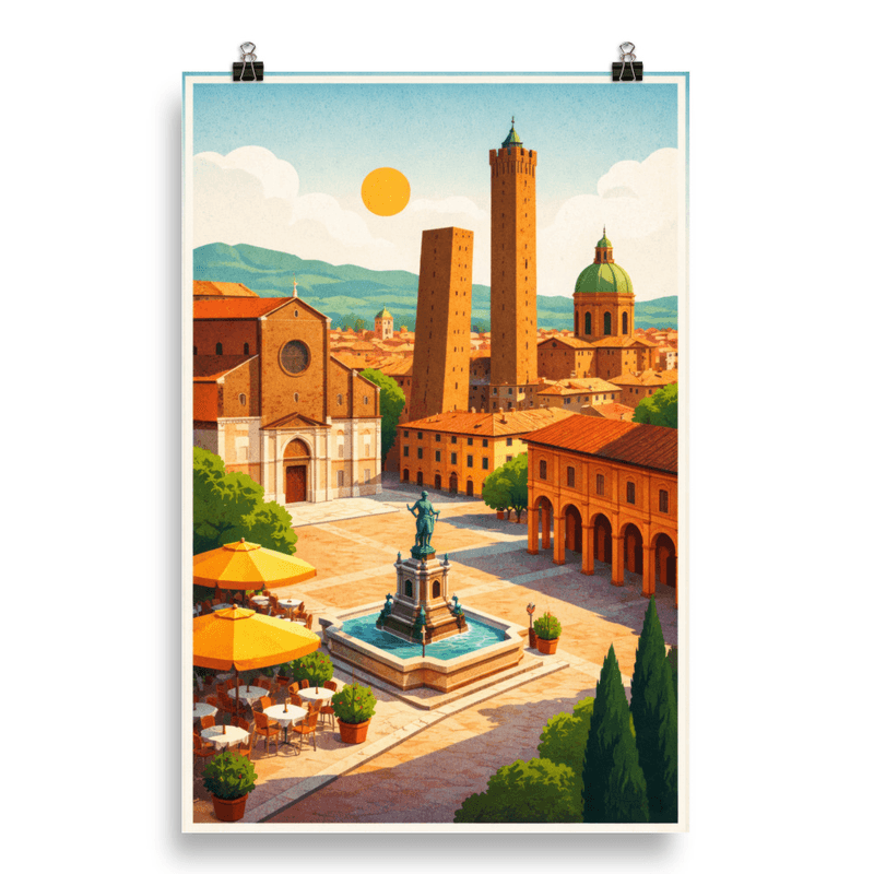 Affiche vintage Bologne – Poster de voyage rétro, Portiques, Tours Médiévales, Émilie-Romagne, Italie