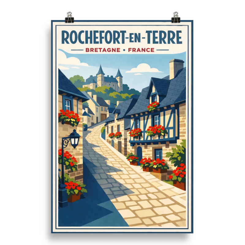 Affiche vintage Rochefort-en-Terre – Poster de voyage rétro, Village médiéval, Morbihan, Bretagne, France
