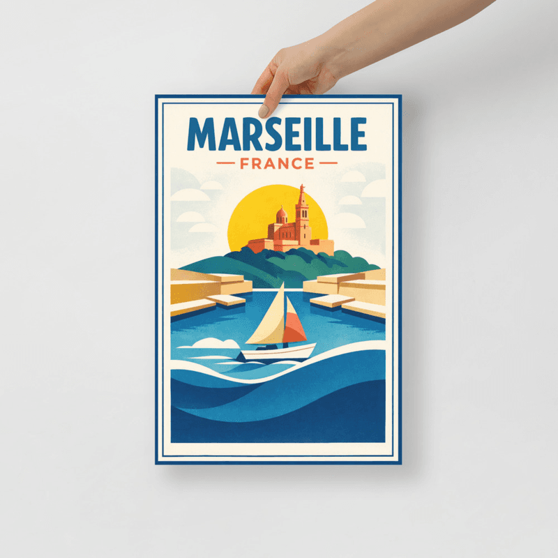 Affiche vintage Marseille – Poster de voyage rétro, Notre-Dame de la Garde, Vieux-Port, Bouches-du-Rhône, France