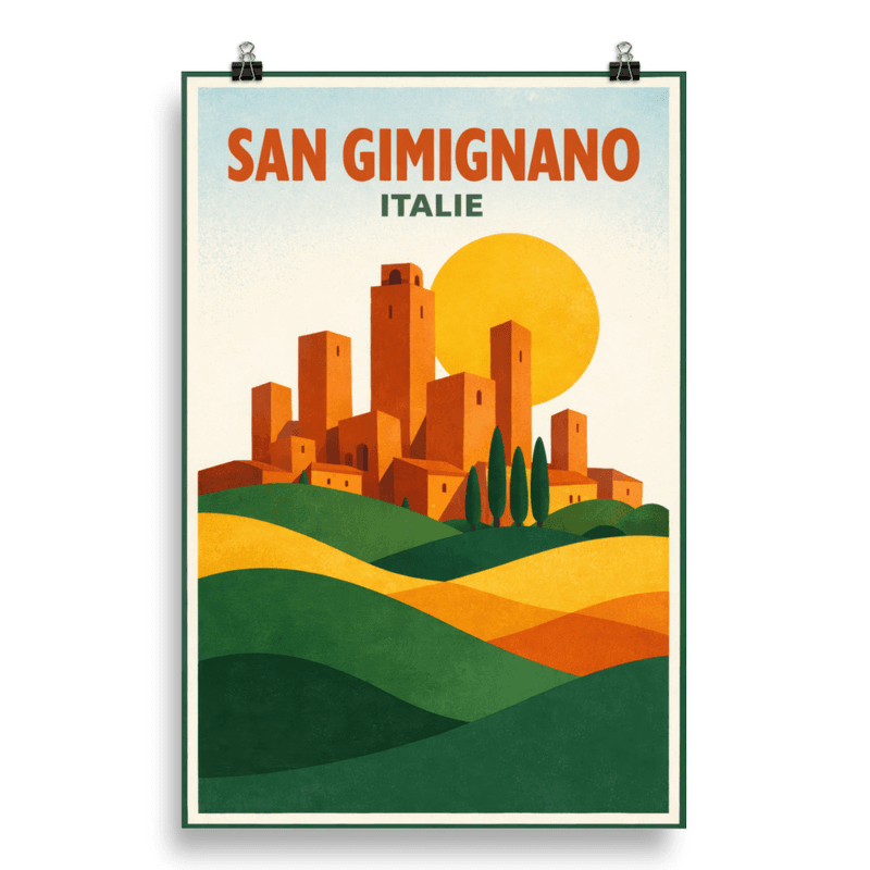 Affiche vintage San Gimignano – Poster de voyage rétro, Tours Médiévales, Collines dorées, Toscane, Italie