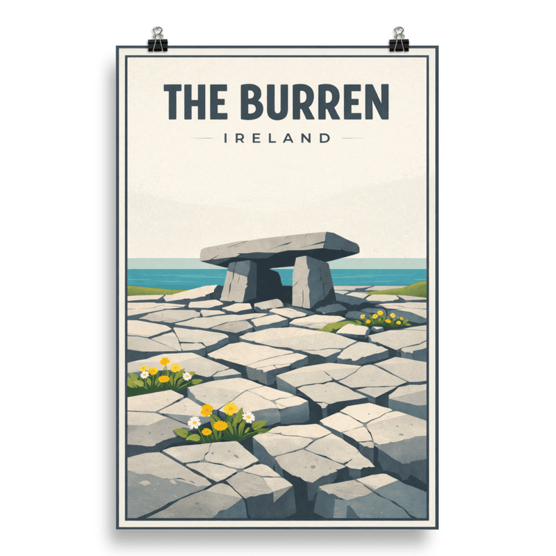Affiche vintage The Burren – Poster de voyage rétro, Dolmen de Poulnabrone, IRLANDE
