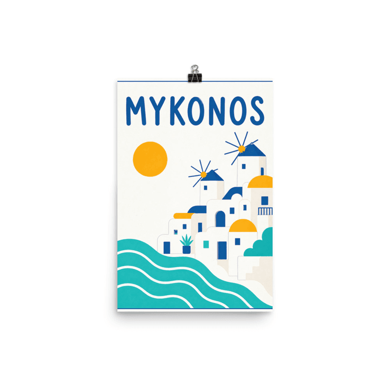 Affiche vintage Mykonos – Poster de voyage rétro, Moulins à Vent Maisons Blanches Mer Egée, GRECE