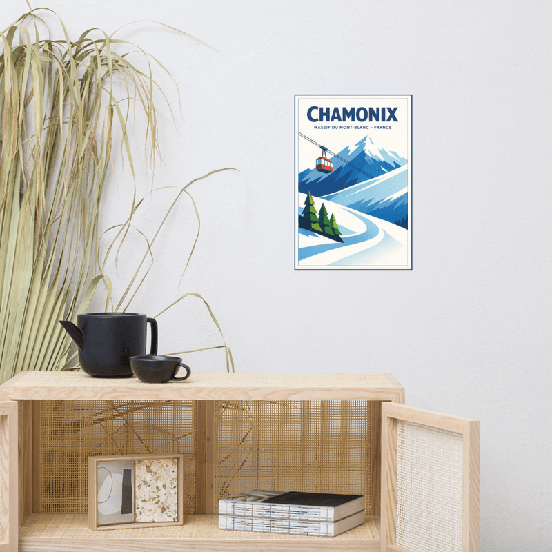 Affiche vintage Chamonix – Poster de voyage rétro, Mont Blanc, téléphérique, Alpes, Auvergne-Rhône-Alpes, France