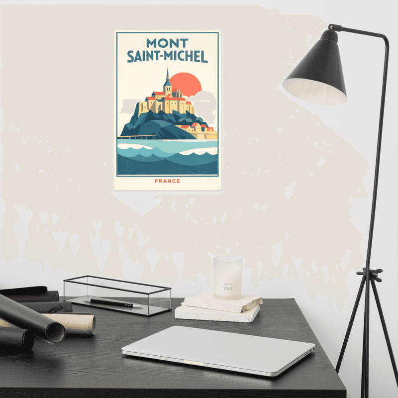 Affiche vintage Mont Saint-Michel – Poster de voyage rétro, abbaye, baie, coucher de soleil, Normandie, France