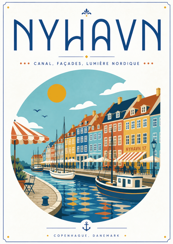 Affiche vintage Nyhavn – Poster de voyage rétro, Nyhavn, Danemark, EUROPE