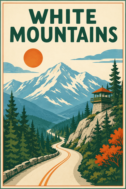 Affiche vintage White Mountains – Poster de voyage rétro, White Mountains, États-Unis, AMÉRIQUE DU NORD