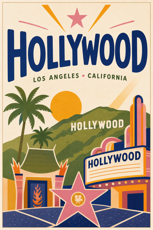Affiche vintage Hollywood – Poster de voyage rétro, Hollywood, États-Unis, AMÉRIQUE DU NORD