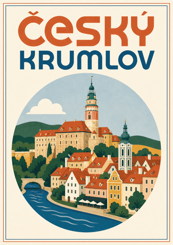 Affiche vintage Český Krumlov – Poster de voyage rétro, Český Krumlov, Tchéquie, EUROPE