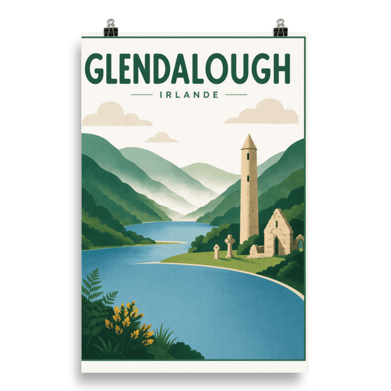 Affiche vintage Glendalough – Poster de voyage rétro, Tour Ronde Monastique, IRLANDE