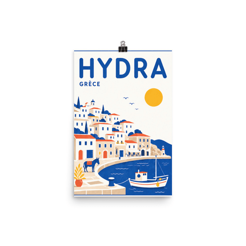Affiche vintage Hydra – Poster de voyage rétro, Port Maisons Rouges Bateau Île Cyclades, GRECE