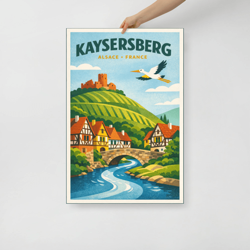 Affiche vintage Kaysersberg – Poster de voyage rétro, Village alsacien, Médiéval, Vignoble, Haut-Rhin, Alsace, France