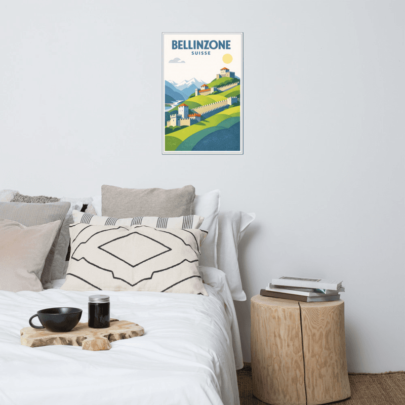 Affiche vintage Bellinzona – Poster de voyage rétro, châteaux et montagnes, Tessin, Suisse