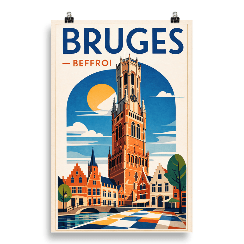 Affiche vintage Bruges – Poster de voyage rétro, beffroi médiéval, Belgique