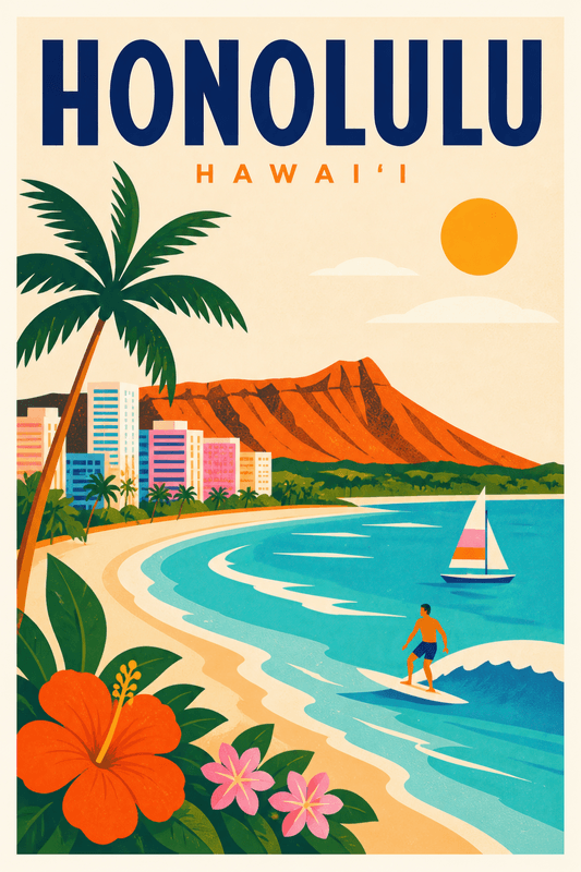 Affiche vintage Honolulu – Poster de voyage rétro, Honolulu, États-Unis, AMÉRIQUE DU NORD