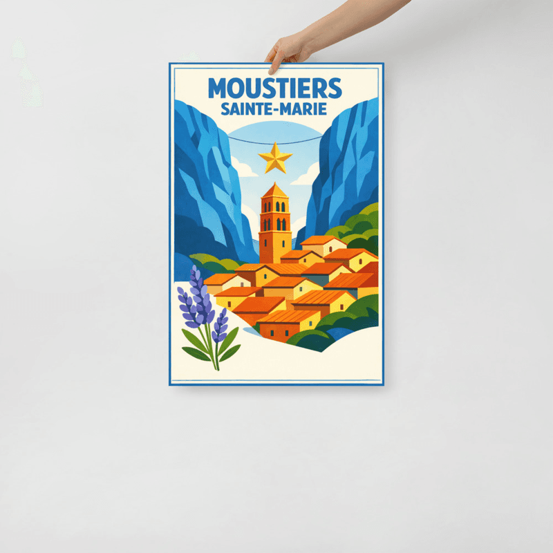 Affiche vintage Moustiers-Sainte-Marie – Poster de voyage rétro, Village provãnçal, Gorges du Verdon, Alpes-de-Haute-Provence, France