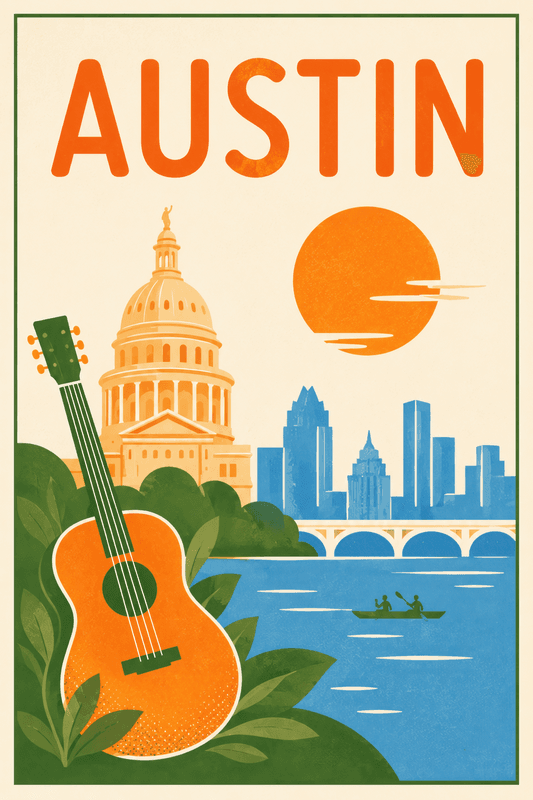 Affiche vintage Austin – Poster de voyage rétro, Austin, États-Unis, AMÉRIQUE DU NORD