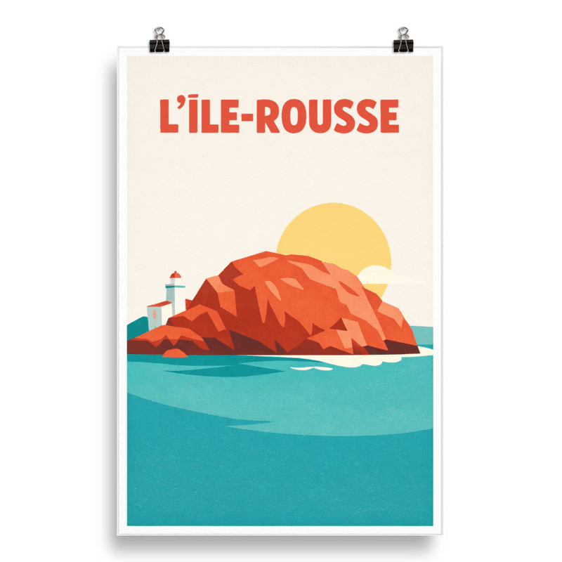 Affiche vintage L’Île-Rousse – Poster de voyage rétro, rocher rouge, phare, mer, CORSE