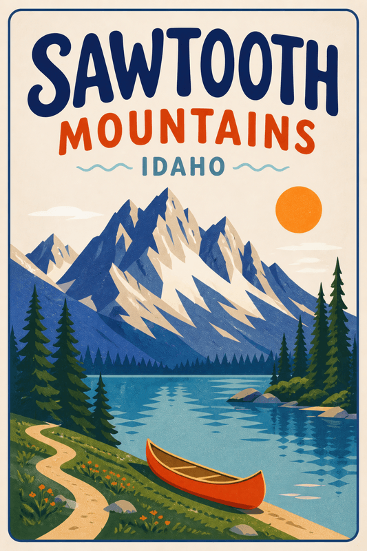 Affiche vintage Sawtooth Mountains – Poster de voyage rétro, Sawtooth Mountains, États-Unis, AMÉRIQUE DU NORD