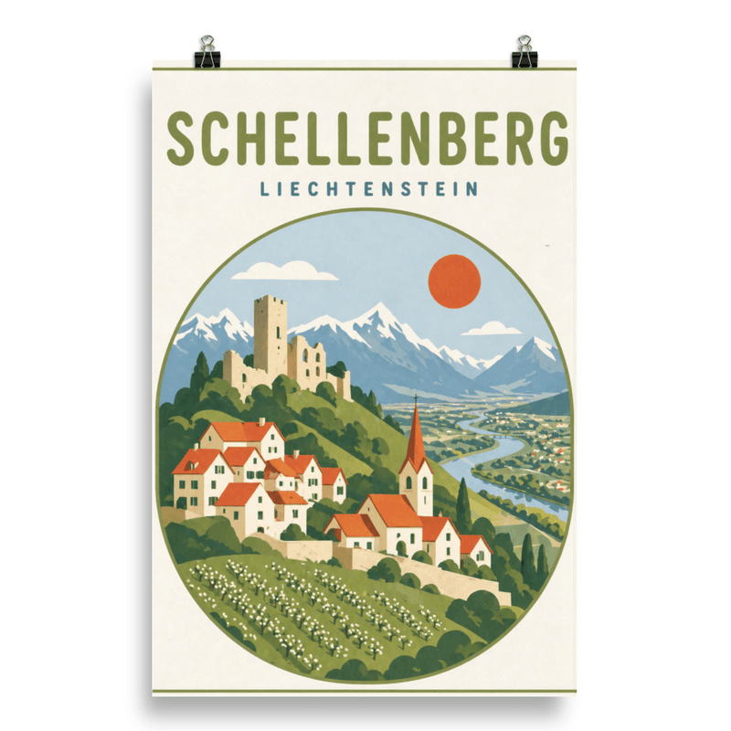 Affiche vintage Schellenberg – Poster de voyage rétro, Vignobles Château et Village Alpin, Liechtenstein
