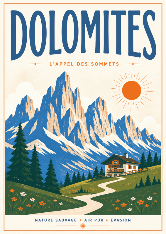Affiche vintage Dolomites – Poster de voyage rétro, Dolomites, Italie, EUROPE