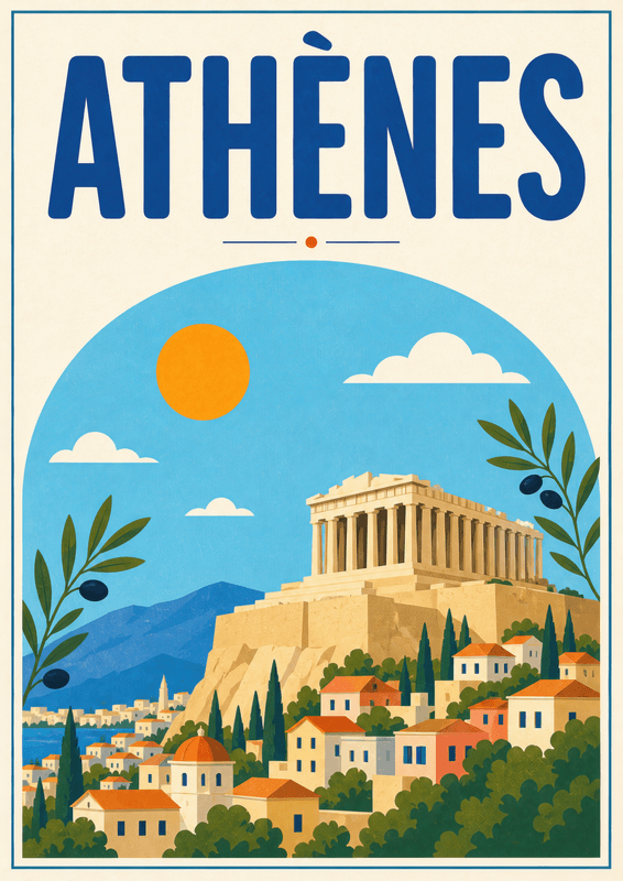 Affiche vintage Athènes – Poster de voyage rétro, Athènes, Grèce, EUROPE