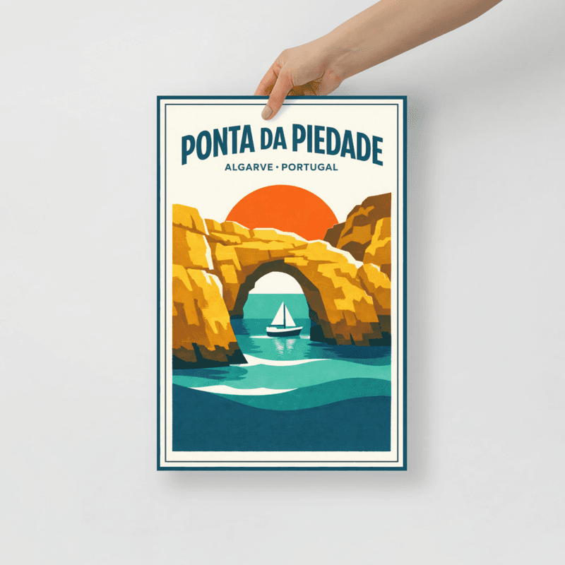 Affiche vintage Ponta da Piedade – Poster de voyage rétro, Arches Dorées, Algarve, Portugal