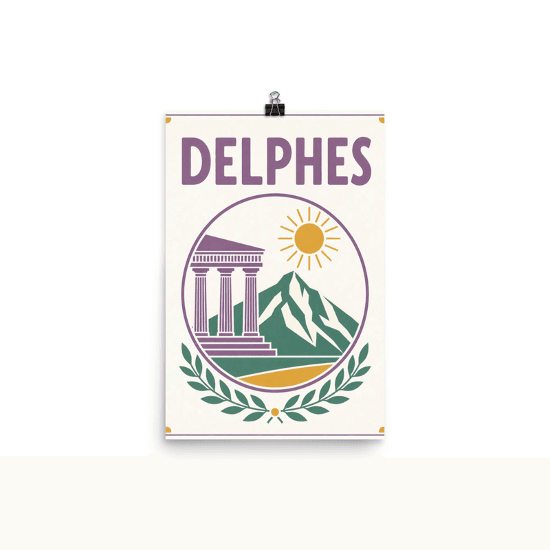 Affiche vintage Delphes – Poster de voyage retro, Colonnes Antiques Mont Parnasse Soleil Lauriers, GRECE