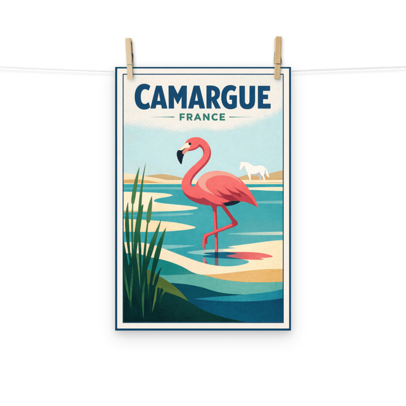 Affiche vintage Camargue – Poster de voyage rétro, Flamant rose, Chevaux, Provence, France