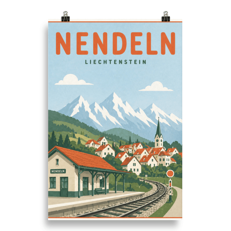 Affiche vintage Nendeln – Poster de voyage rétro, Gare Ferroviaire et Ville de Montagne, Liechtenstein
