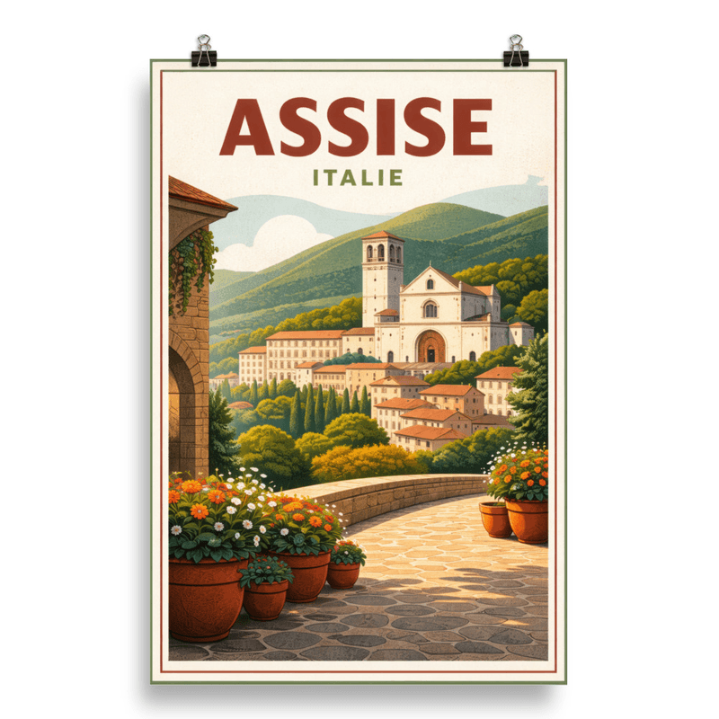 Affiche vintage Assise – Poster de voyage rétro, Basilique Saint-François, Collines, Ombrie, Italie