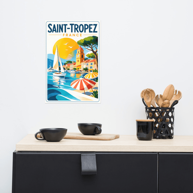 Affiche vintage Saint-Tropez – Poster de voyage rétro, port, voilier, Rivièra, Provence, France